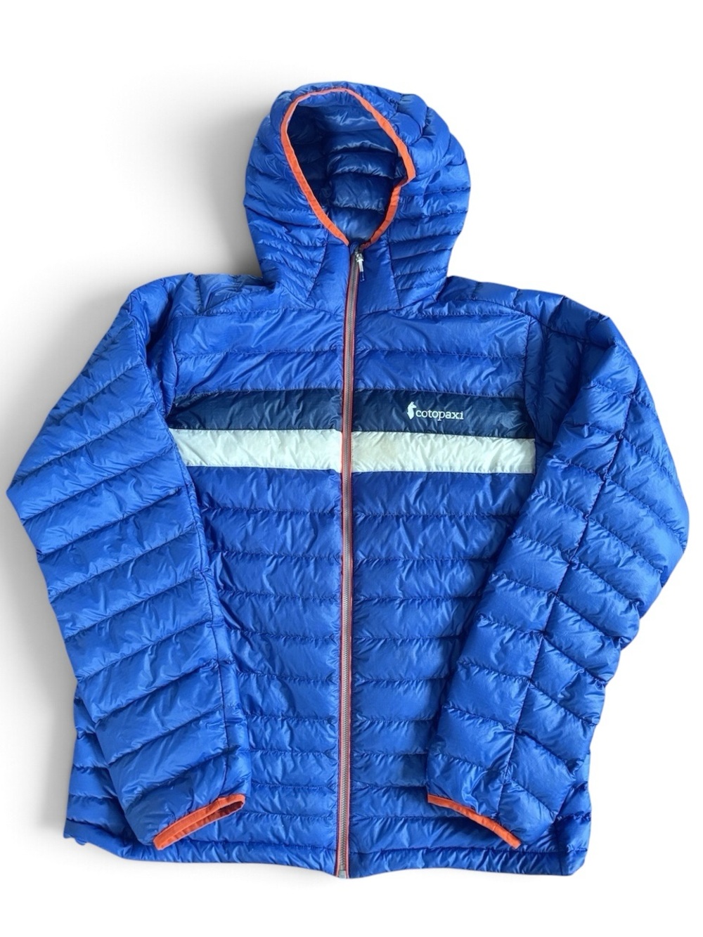 cotopaxi Bright Blue Mens Hooded Puffer with Contrast Stripes